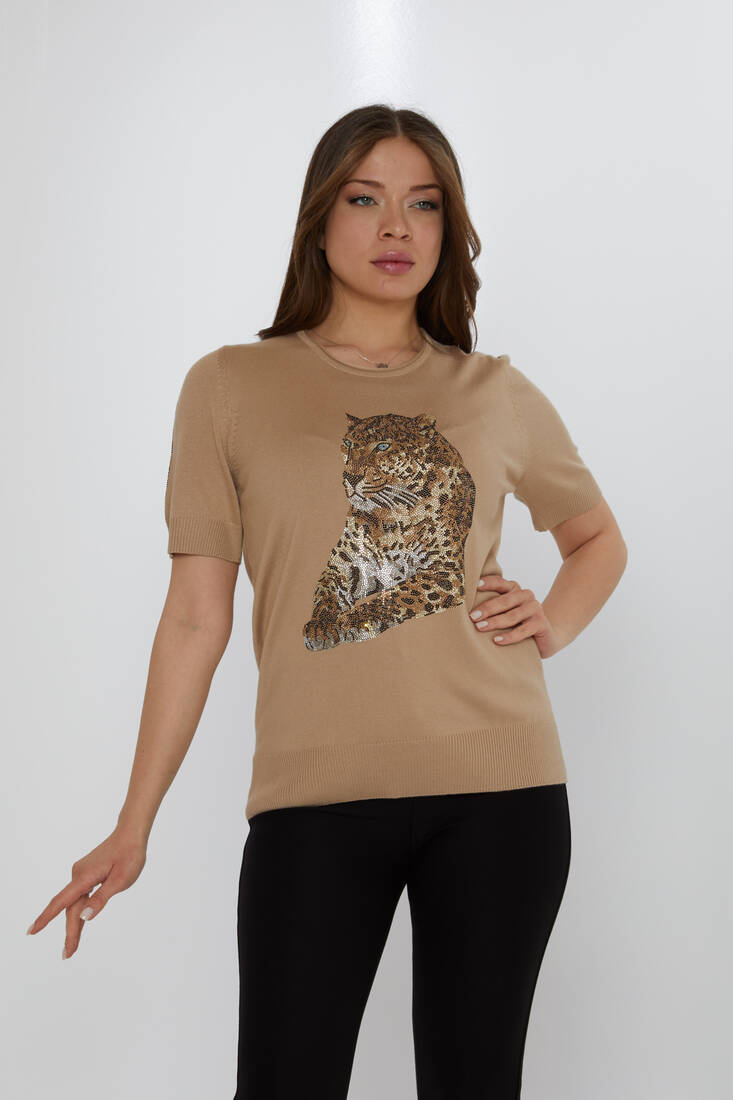 Women's Knitwear Crew Neck Leopard Stone Patterned Beige - 31825 | KAZEE