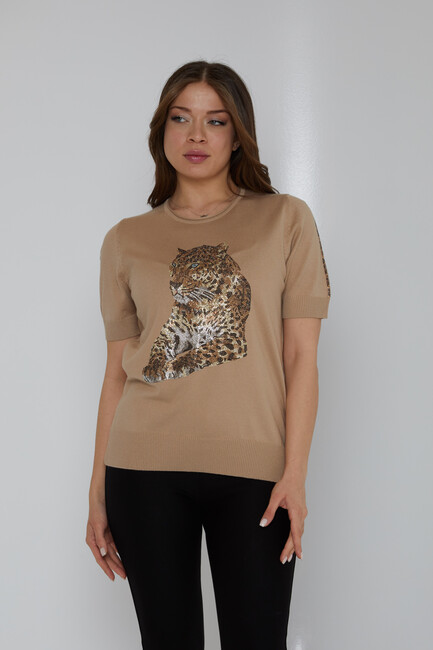 Women's Knitwear Crew Neck Leopard Stone Patterned Beige - 31825 | KAZEE - Thumbnail