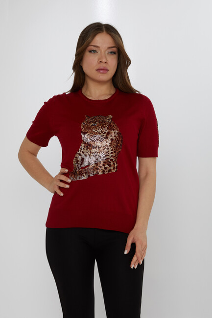 Women's Knitwear Crew Neck Leopard Stone Patterned Burgundy - 31825 | KAZEE - Thumbnail