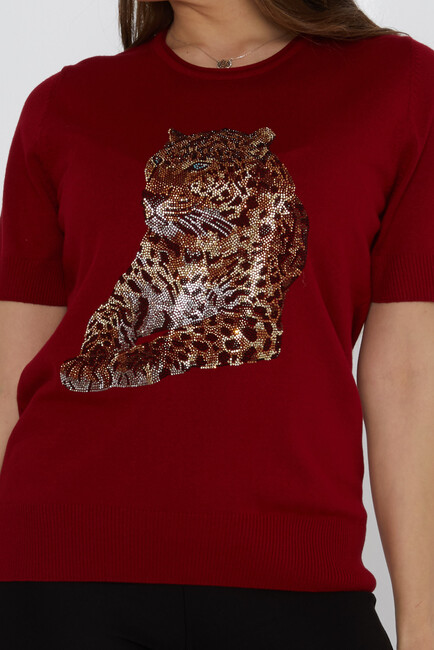 Women's Knitwear Crew Neck Leopard Stone Patterned Burgundy - 31825 | KAZEE - Thumbnail