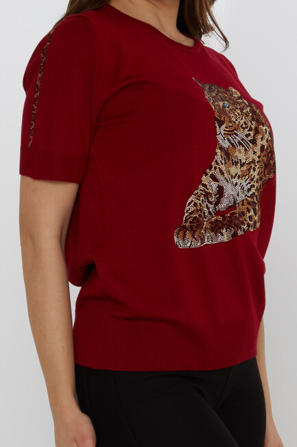 Women's Knitwear Crew Neck Leopard Stone Patterned Burgundy - 31825 | KAZEE - Thumbnail