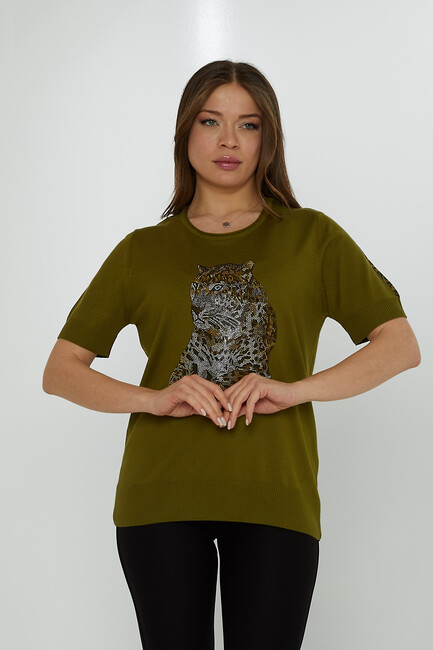 Women's Knitwear Crew Neck Leopard Stone Patterned Dark Green - 31825 | KAZEE - Thumbnail