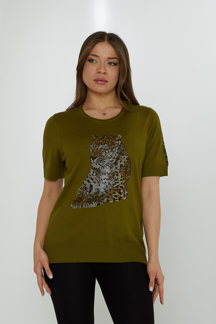 Women's Knitwear Crew Neck Leopard Stone Patterned Dark Green - 31825 | KAZEE - Thumbnail