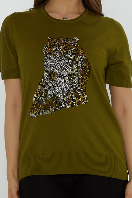 Women's Knitwear Crew Neck Leopard Stone Patterned Dark Green - 31825 | KAZEE - Thumbnail