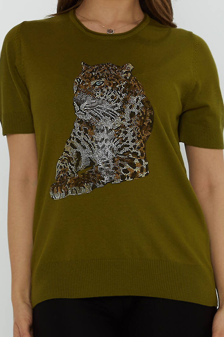 Women's Knitwear Crew Neck Leopard Stone Patterned Dark Green - 31825 | KAZEE