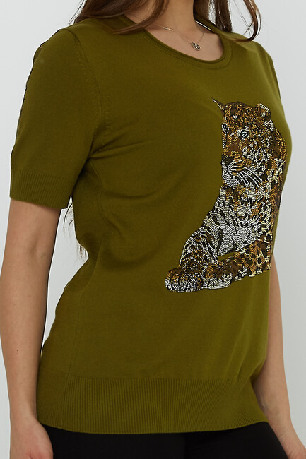 Women's Knitwear Crew Neck Leopard Stone Patterned Dark Green - 31825 | KAZEE - Thumbnail