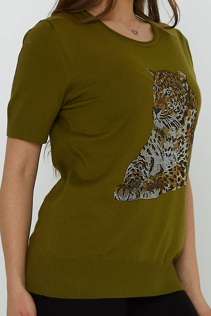 Women's Knitwear Crew Neck Leopard Stone Patterned Dark Green - 31825 | KAZEE