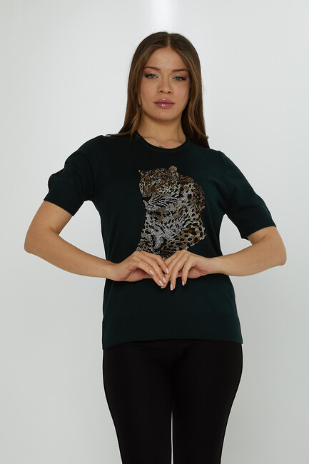 Women's Knitwear Crew Neck Leopard Stone Patterned Navy Blue - 31825 | KAZEE - Thumbnail