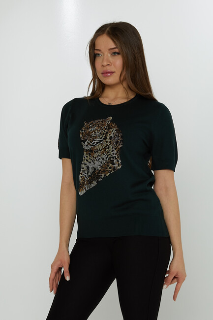 Women's Knitwear Crew Neck Leopard Stone Patterned Navy Blue - 31825 | KAZEE - Thumbnail