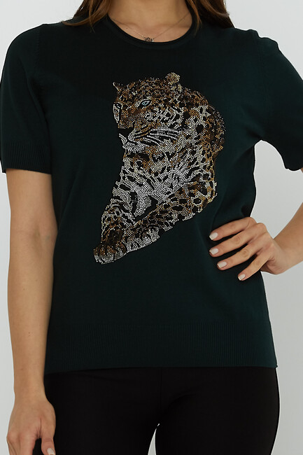 Women's Knitwear Crew Neck Leopard Stone Patterned Navy Blue - 31825 | KAZEE - Thumbnail