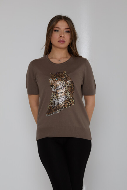 Women's Knitwear Crew Neck Leopard Stone Patterned Mink - 31825 | KAZEE - Thumbnail