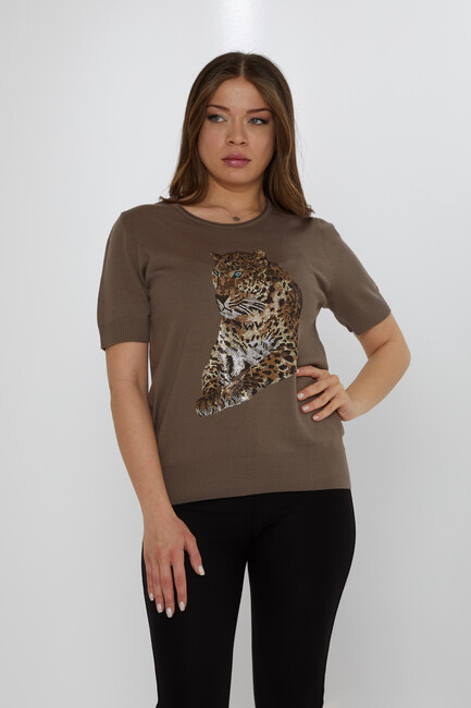 Women's Knitwear Crew Neck Leopard Stone Patterned Mink - 31825 | KAZEE - Thumbnail