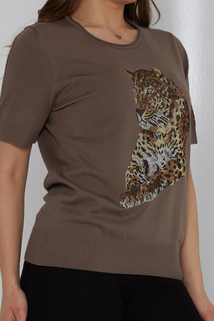 Women's Knitwear Crew Neck Leopard Stone Patterned Mink - 31825 | KAZEE - Thumbnail