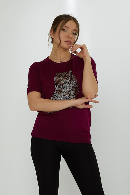 Women's Knitwear Crew Neck Leopard Stone Patterned Violet - 31825 | KAZEE - Thumbnail