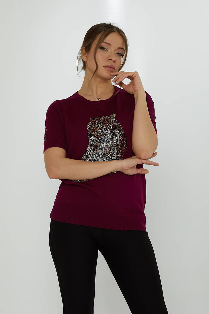 Women's Knitwear Crew Neck Leopard Stone Patterned Violet - 31825 | KAZEE