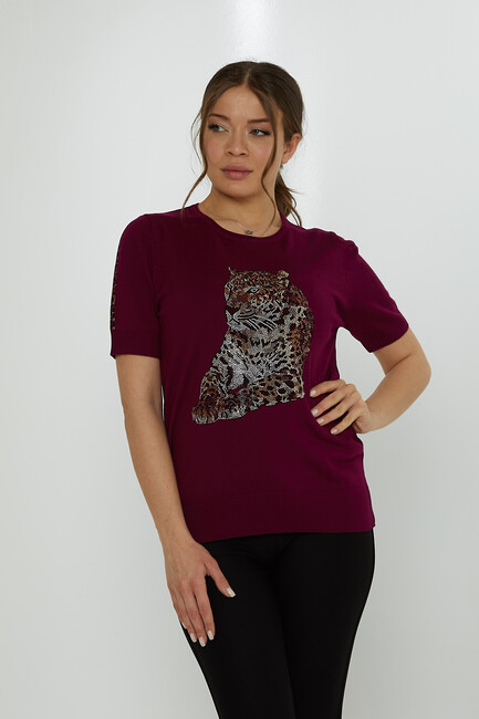 Women's Knitwear Crew Neck Leopard Stone Patterned Violet - 31825 | KAZEE - Thumbnail