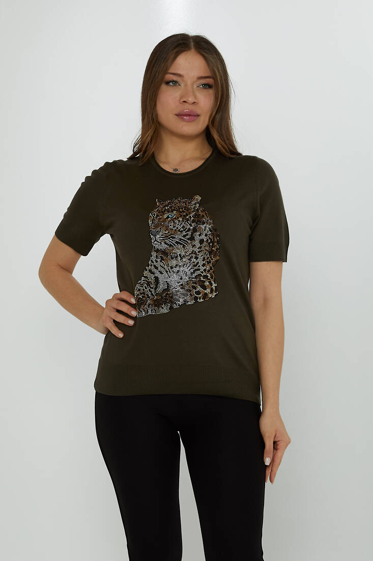 Women's Knitwear Crew Neck Leopard Stone Pattern Vert - 31825 | KAZEE