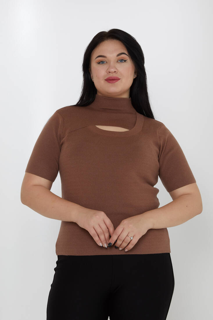 Women's Knitwear Stand Collar Low-Cut Brown - 31369 | KAZEE