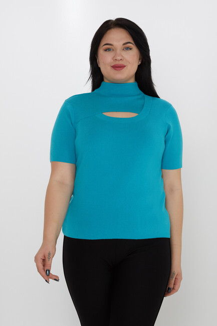 Women's Knitwear Turquoise Stand Collar Low-Cut - 31369 | KAZEE - Thumbnail