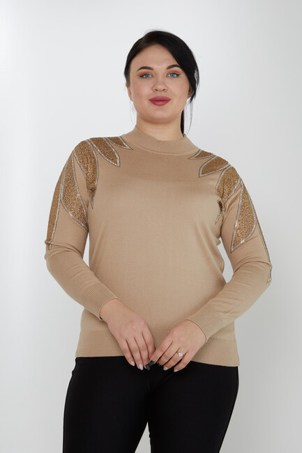 Women's Knitwear Mink with Stone Detailed Sleeves - 31601 | KAZEE - Thumbnail