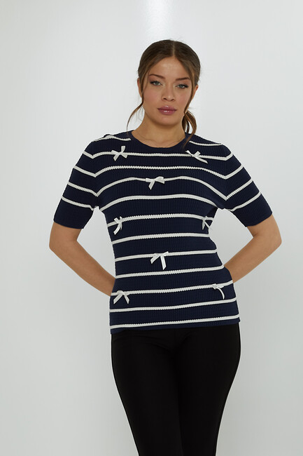 Women's Knitwear Crew Neck Ribbon Detail Navy Blue - 31776 | KAZEE - Thumbnail