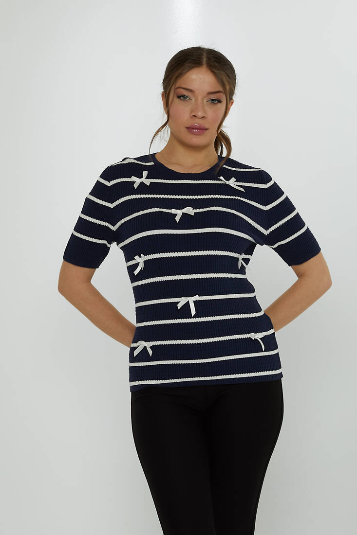 Women's Knitwear Crew Neck Ribbon Detail Navy Blue - 31776 | KAZEE