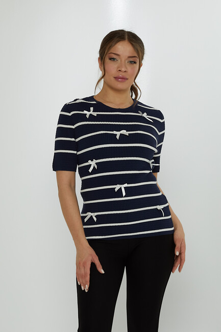 Women's Knitwear Crew Neck Ribbon Detail Navy Blue - 31776 | KAZEE - Thumbnail