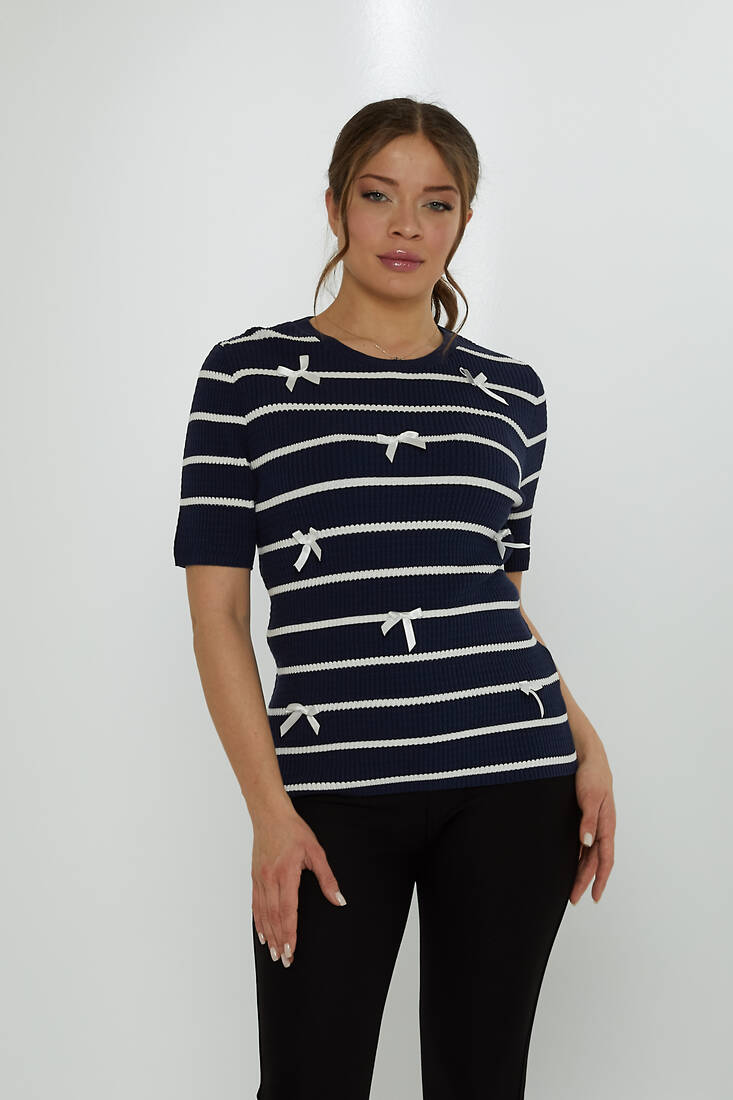 Women's Knitwear Crew Neck Ribbon Detail Navy Blue - 31776 | KAZEE