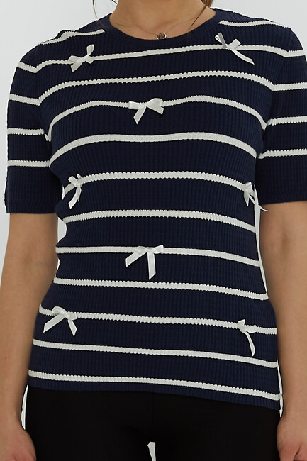 Women's Knitwear Crew Neck Ribbon Detail Navy Blue - 31776 | KAZEE - Thumbnail