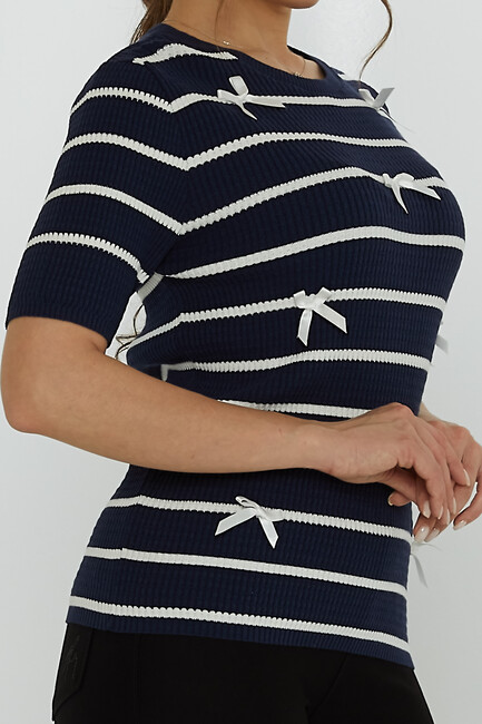 Women's Knitwear Crew Neck Ribbon Detail Navy Blue - 31776 | KAZEE - Thumbnail