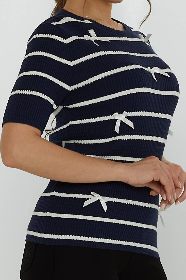 Women's Knitwear Crew Neck Ribbon Detail Navy Blue - 31776 | KAZEE