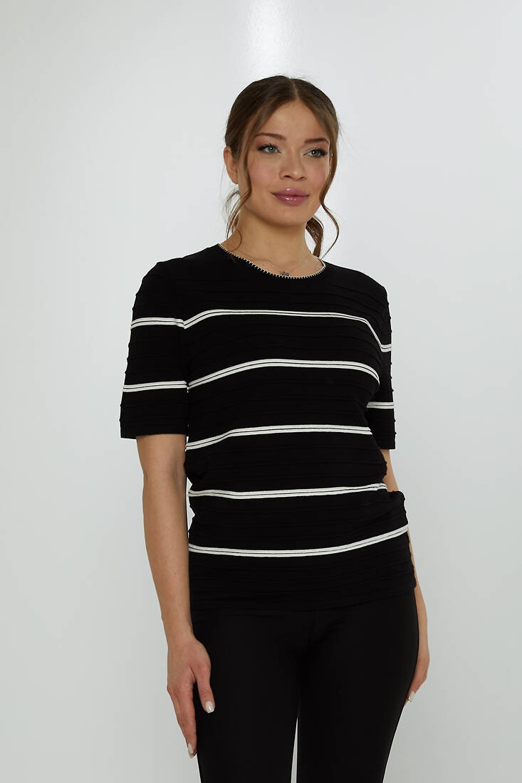 Women's Knitwear Crew Neck Self-Woven Black - 31760 | KAZEE