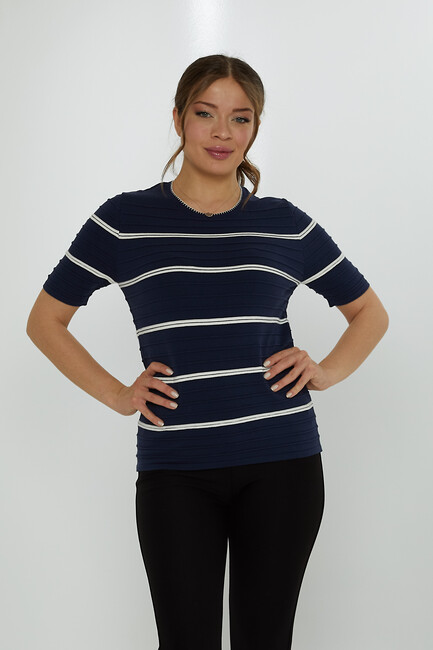 Women's Knitwear Crew Neck Self-Woven Navy Blue - 31760 | KAZEE - Thumbnail