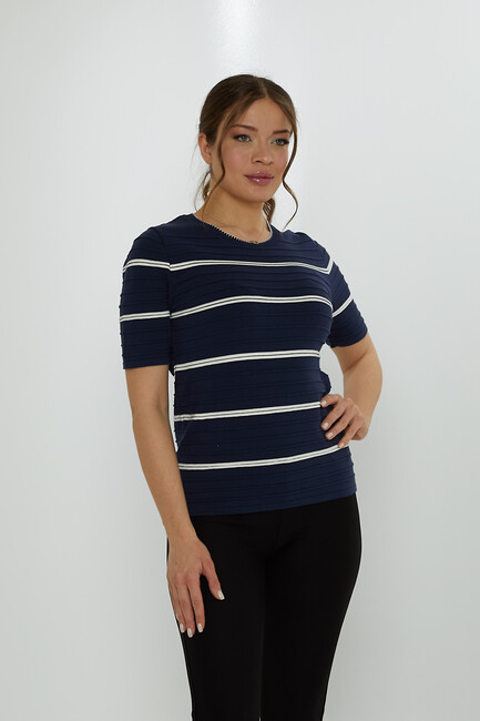 Women's Knitwear Crew Neck Self-Woven Navy Blue - 31760 | KAZEE - Thumbnail