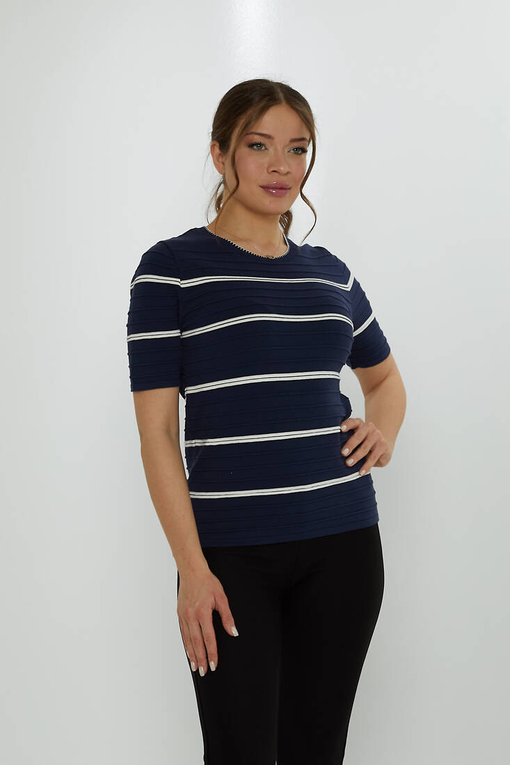 Women's Knitwear Crew Neck Self-Woven Navy Blue - 31760 | KAZEE