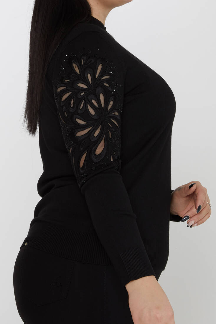 Women's Knitwear Stand Collar Sleeves Embroidered Black - 31264 | KAZEE