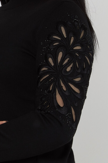 Women's Knitwear Stand Collar Sleeves Embroidered Black - 31264 | KAZEE - Thumbnail