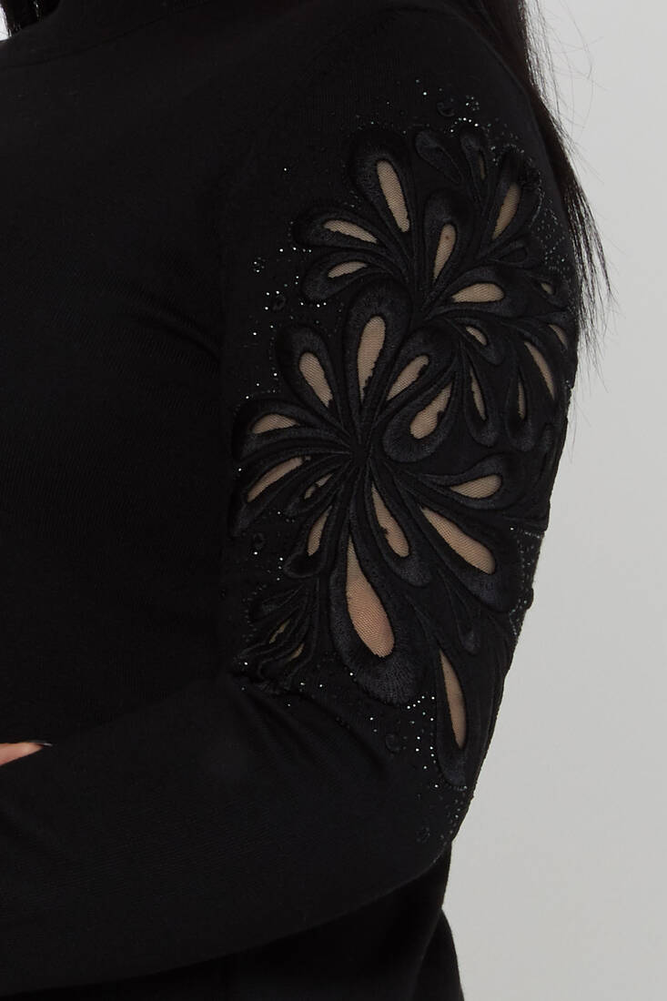 Women's Knitwear Stand Collar Sleeves Embroidered Black - 31264 | KAZEE