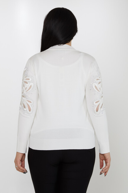 Women's Knitwear Stand Collar Sleeves Embroidery Detail Ecru - 31264 | KAZEE - Thumbnail