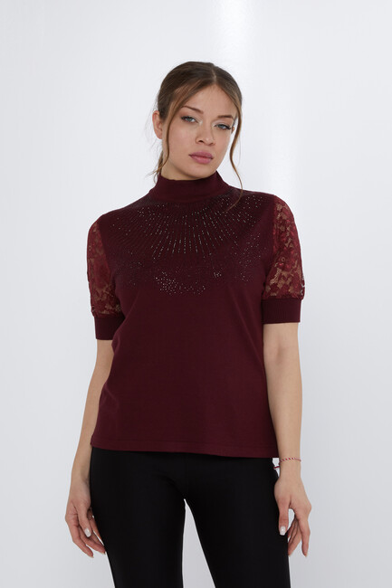 Women's Knitwear Sleeves Lace Detail Claret Red - 30959 | KAZEE - Thumbnail