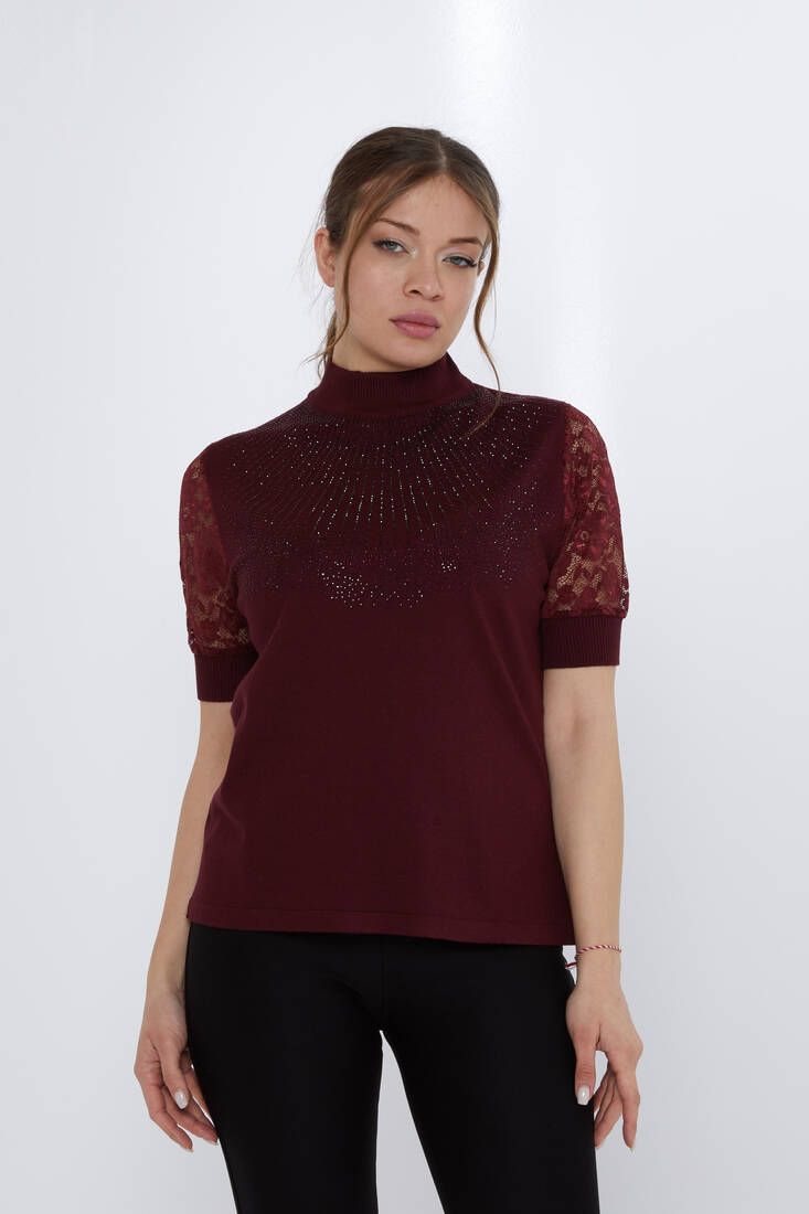 Women's Knitwear Sleeves Lace Detail Claret Red - 30959 | KAZEE