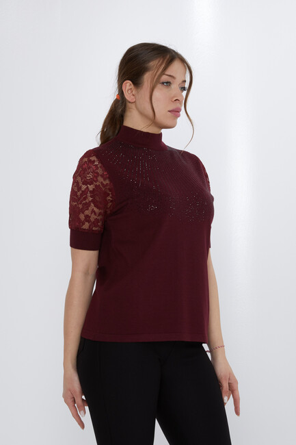 Women's Knitwear Sleeves Lace Detail Claret Red - 30959 | KAZEE - Thumbnail