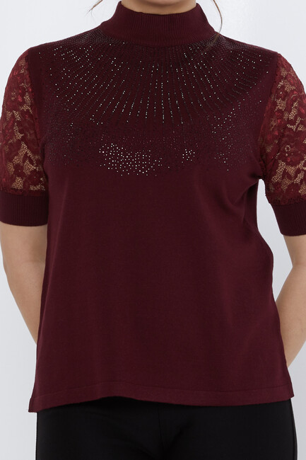 Women's Knitwear Sleeves Lace Detail Claret Red - 30959 | KAZEE - Thumbnail