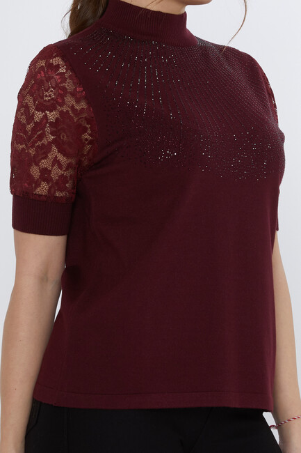 Women's Knitwear Sleeves Lace Detail Claret Red - 30959 | KAZEE - Thumbnail