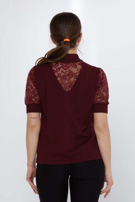 Women's Knitwear Sleeves Lace Detail Claret Red - 30959 | KAZEE - Thumbnail