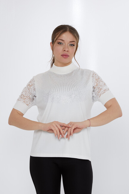 Women's Knitwear Sleeves Lace Detail Ecru - 30959 | KAZEE - Thumbnail