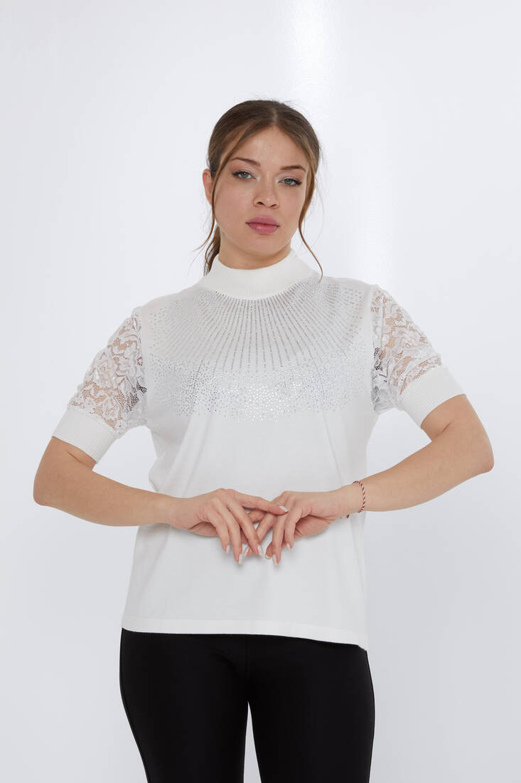 Women's Knitwear Sleeves Lace Detail Ecru - 30959 | KAZEE