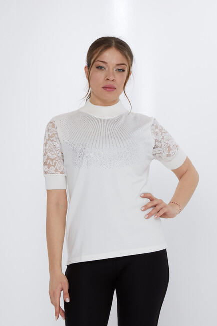 Women's Knitwear Sleeves Lace Detail Ecru - 30959 | KAZEE - Thumbnail