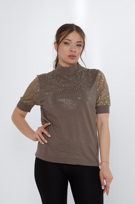 Women's Knitwear Sleeves Lace Detail Mink - 30959 | KAZEE - Thumbnail