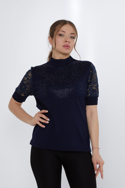 Women's Knitwear Sleeves Lace Detail Navy Blue - 30959 | KAZEE - Thumbnail